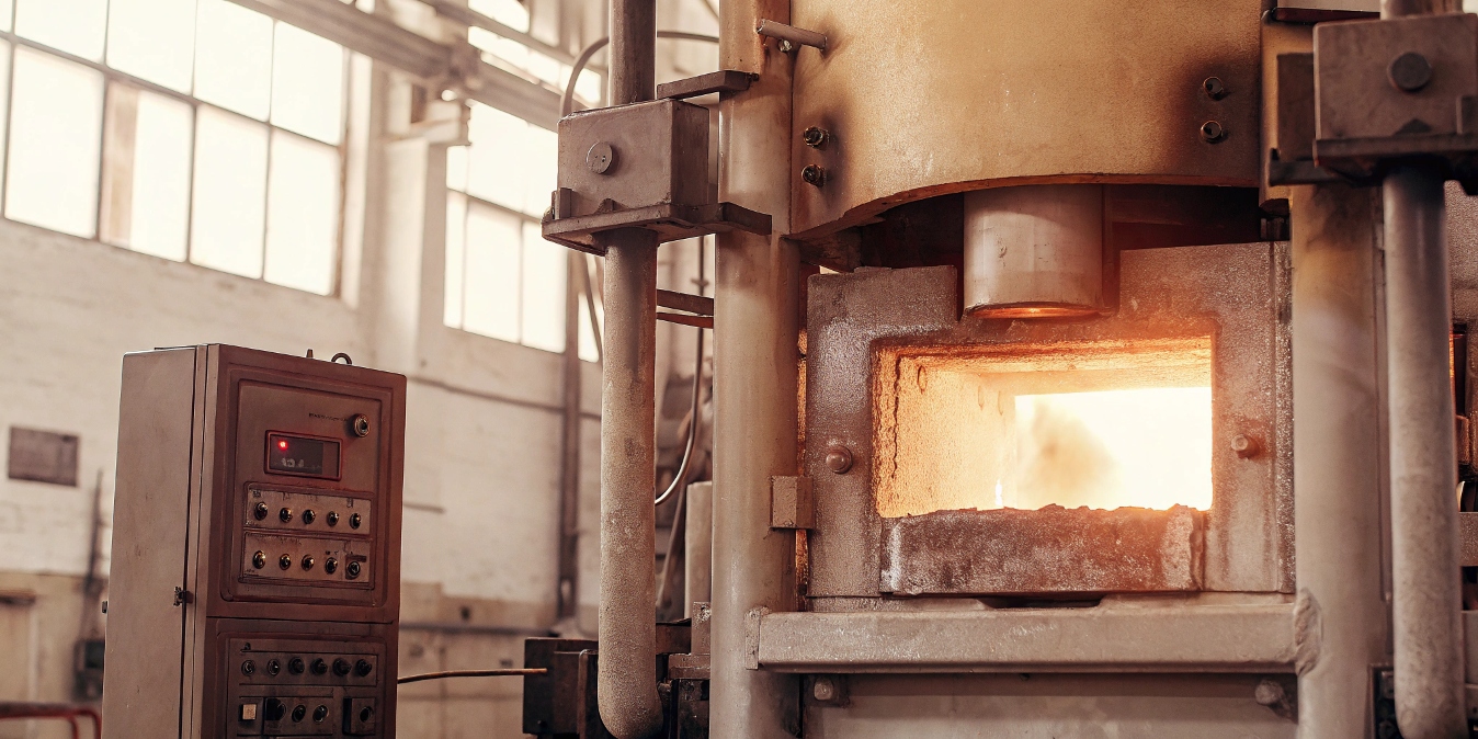 A modern, clean, electric forging furnace with digital controls, next to a massive hydraulic press.